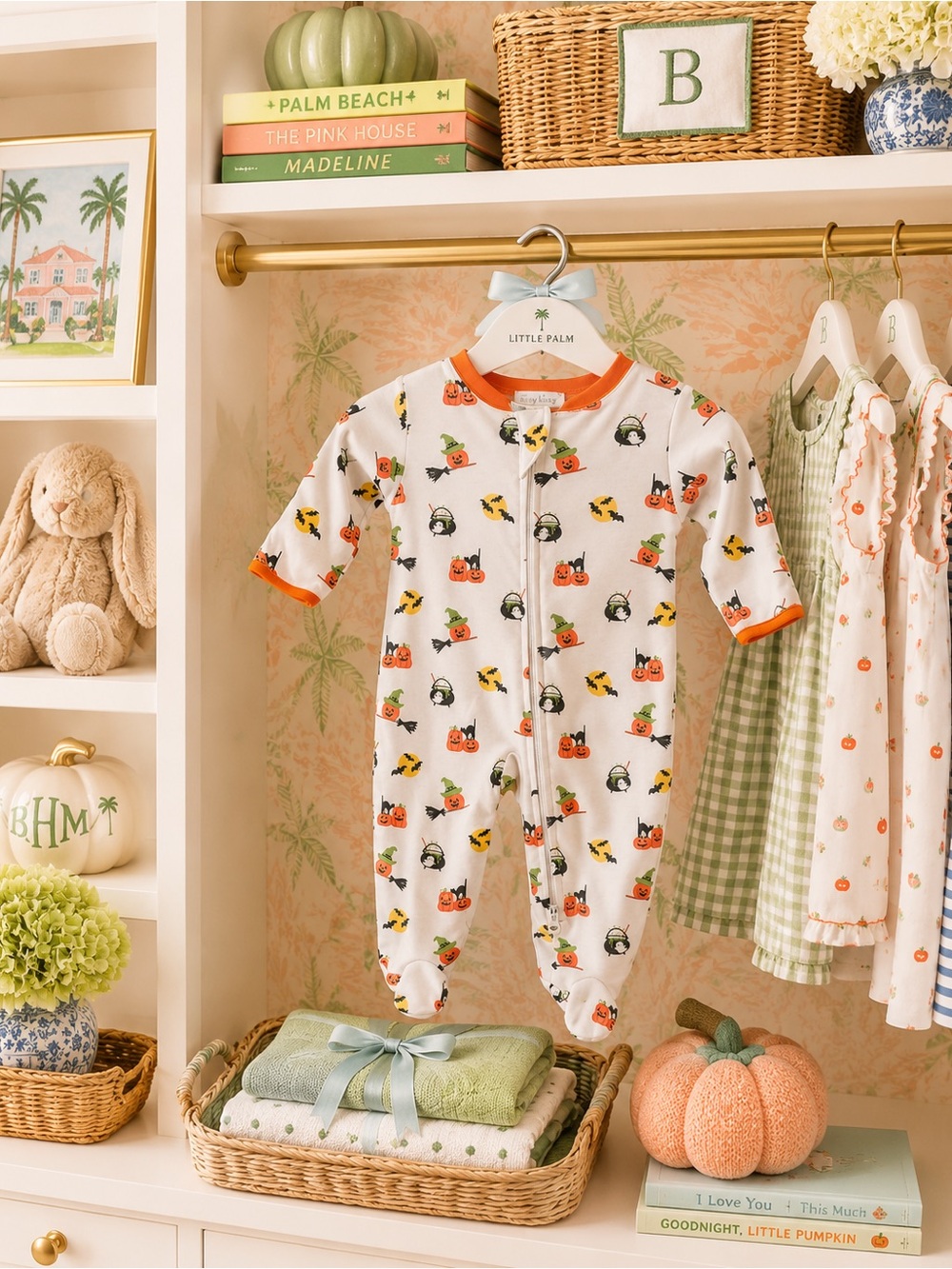 Kissy Kissy White Pumpkin-Print Footie with Orange Trim